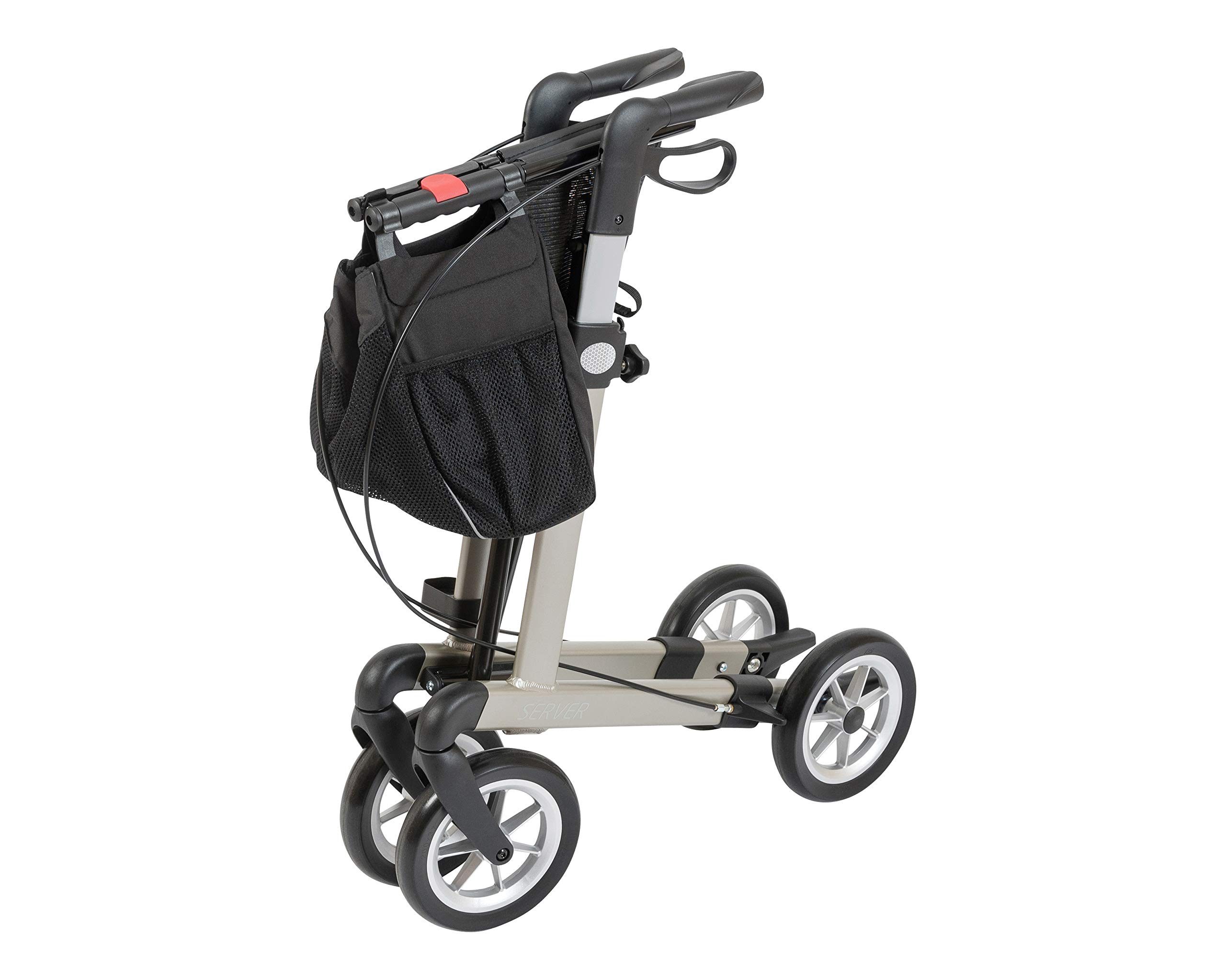 Rehasense Server Leichtgewicht-Rollator - Faltbarer Aluminium Walker bis 150 kg mit Einkaufstasche und Ankipphilfe, Größe L, Champagner