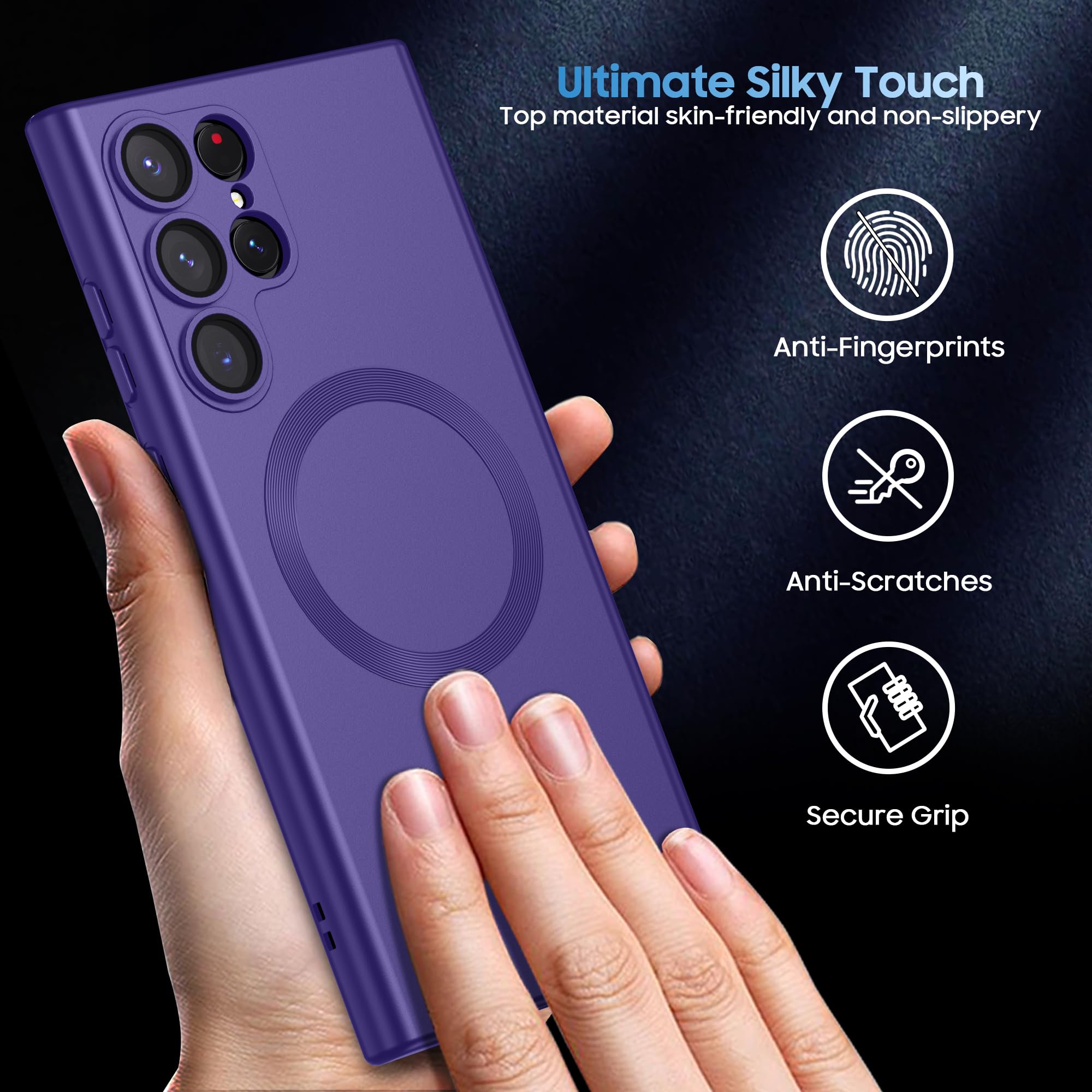 MAKAVO Funda Mate para Samsung Galaxy S22 Ultra, Compatible con MagSafe, Cubierta magnética Delgada con Protector de Lente de cámara Integrado, Carcasa a Prueba de Golpes (Morado)