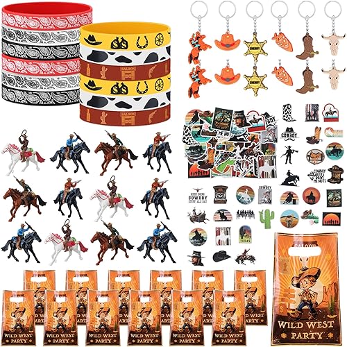 Fumete 106 recuerdos de fiesta de Rodeo de vaquero occidental, incluye 50 calcomanías occidentales, 12 llaveros de vaquero, 12 pulseras de silicona