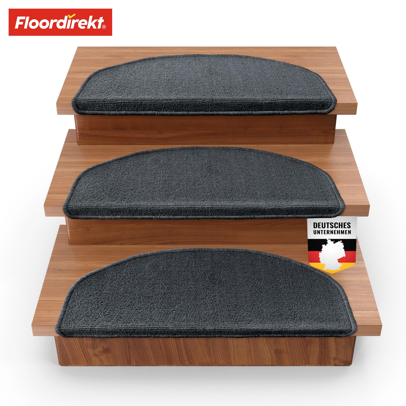 Floordirekt 1x Treppenstufen Matten, Stufenmatten innen für Treppe, Treppenteppich, selbstklebend, Teppich für Treppenstufen, Treppenschutz, Stufenteppich (London, Anthrazit, 65x23 cm, Halbrund)