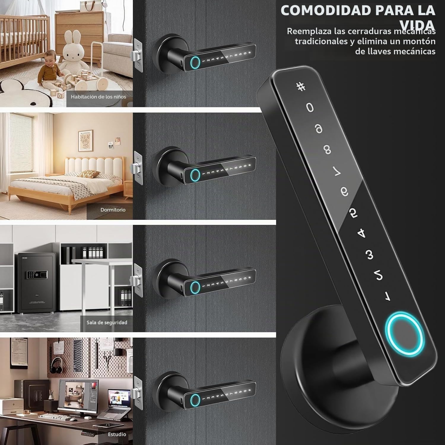 NEWFUN Cerradura Puerta Exterior Inteligente，Cerradura Con Huella Digital，Cerradura Wifi，Con llave, tarjeta llave, APP Bluetooth para cerraduras de puertas, resistente al agua para puertas de 35-50 mm