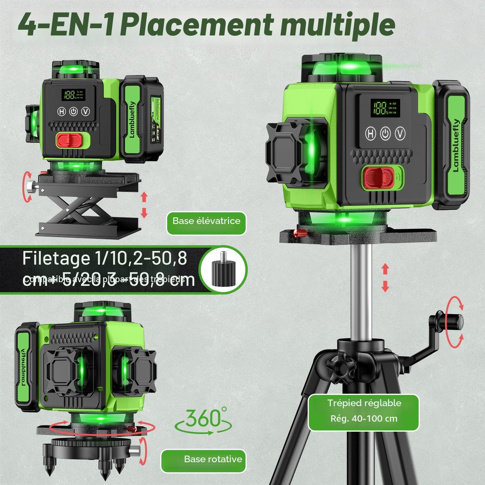 Niveau Laser avec Trepied 4 x 360°, 4D 16 Lignes Laser Chantier avec 2 x 4800mAh Batterie & Affichage LED, Niveau Laser 360 Autonivelant, APP, Télécommande, IP54 Étanche et Anti-Poussière