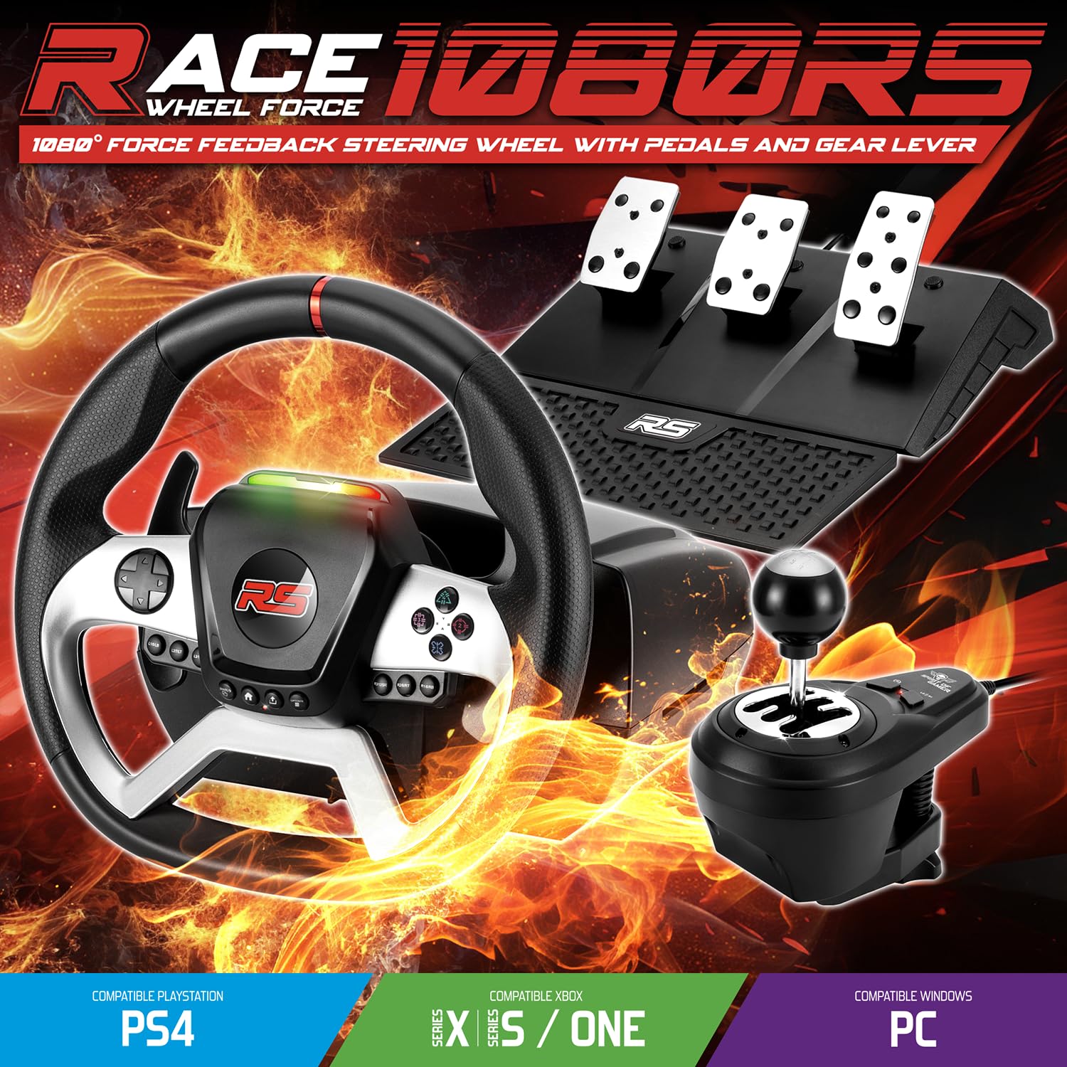 Spirit Of Gamer - RACE Wheel FORCE, Volant PS4 avec Levier de Vitesse et Pédalier, Pour PC, PS4, PS3, XBOX ONE, Volant avec Palette à Retour de Force et Angle de rotation 1080°, Boite de vitesse 6+R