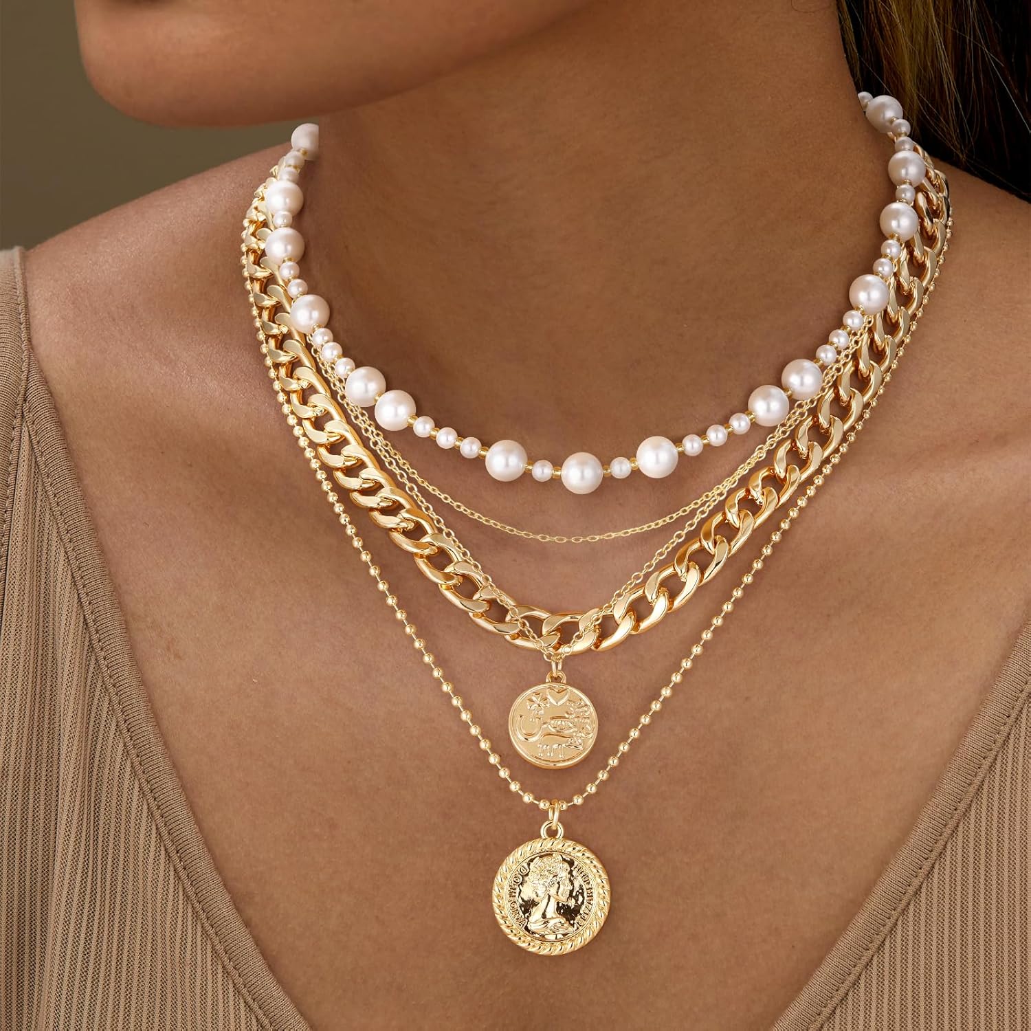 MJartoria Layered Necklaces for Women Trendy Retro Coin Pendant Necklace Dainty Chunky Chain Choker Necklaces for Jewelry Birthday Gifts - Image 3