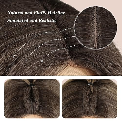 Miniatura 6 de FESHFEN Pelucas largas onduladas para mujer, 26 pulgadas, rubio degradado, mezcla de marrón con raíces oscuras, pelucas de raya en medio, pelucas