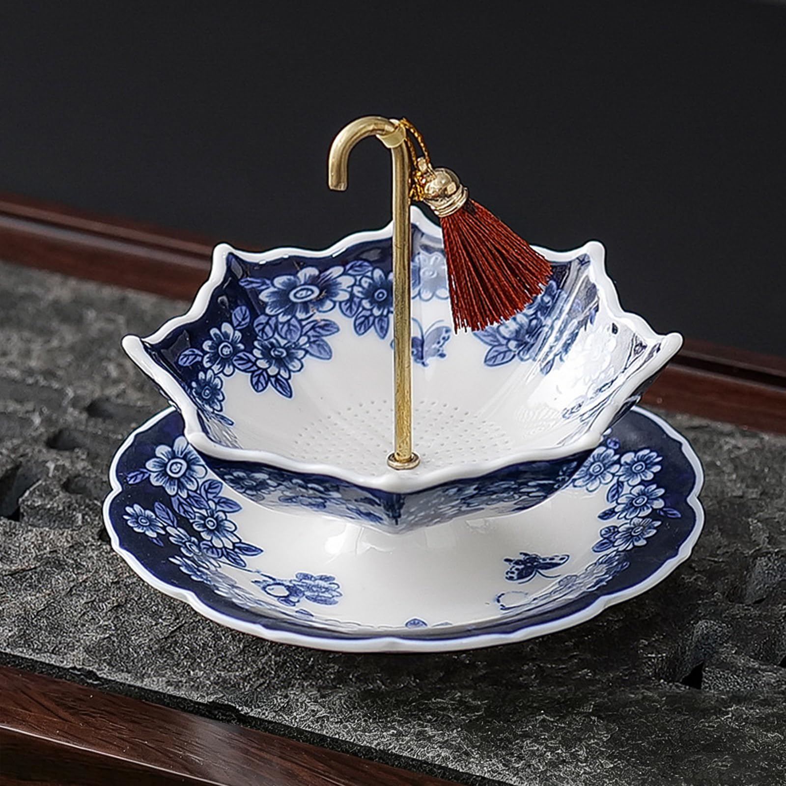 Infusor de té paraguas con base a juego, porcelana azul y blanca, filtro de té de poros finos, Kung Fu tradicional oriental para elaboración de cerveza (juego Qinghua)