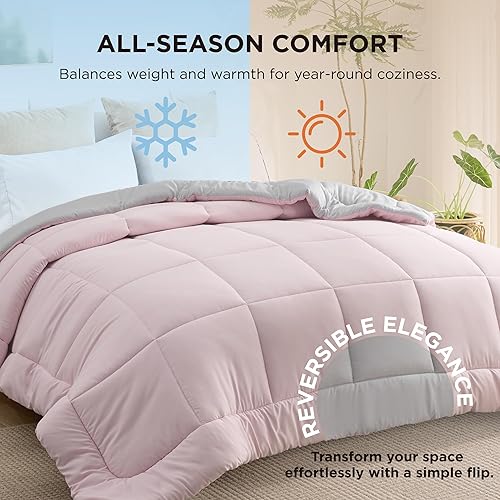 Miniatura 3 de Bedsure Edredón tamaño individual XL, ropa de cama para dormitorio, color rosagris, extra largo, edredón acolchado para todas las estaciones con