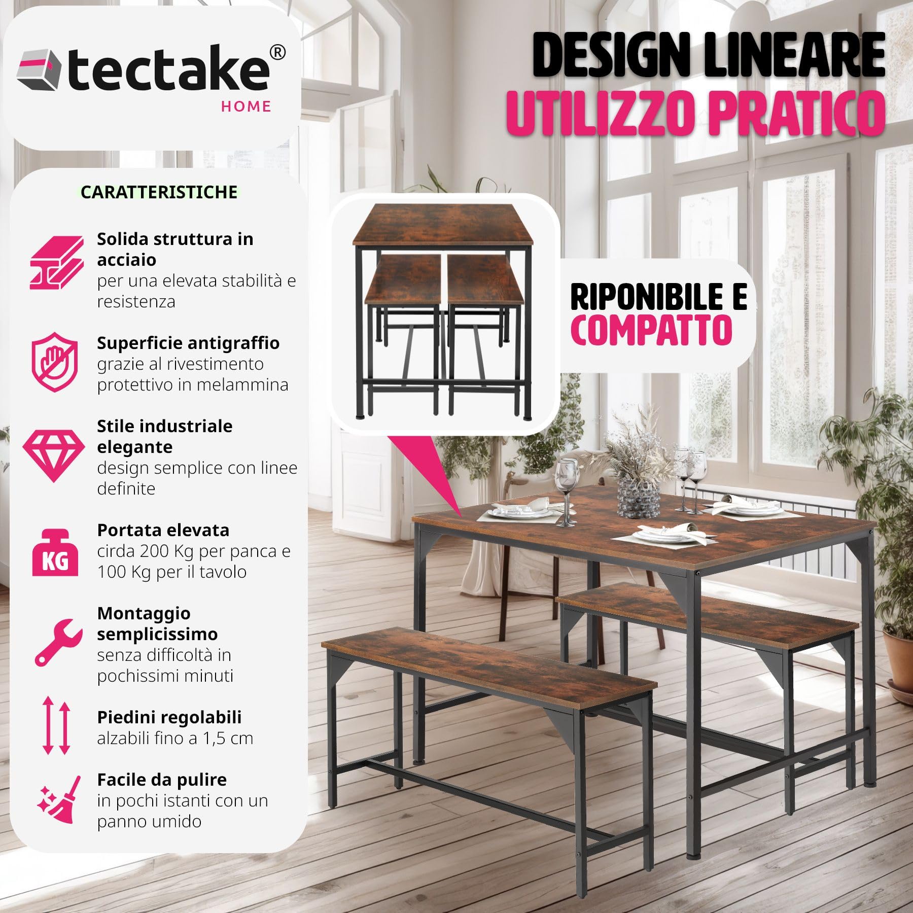 tectake® Salottino Bolton, Set da Pranzo Industriale, 1 Tavolo 2 Panche, Facile da Pulire, Regolabile, Robusto Telaio in Acciaio, Effetto Legno, Salotto - Legno industriale scuro, rustico