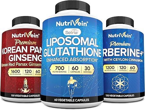 Nutrivein Suplemento de glutatión liposomal premium, suplemento coreano de Panax ginseng y paquete de suplementos de berberina glutatión reducido,