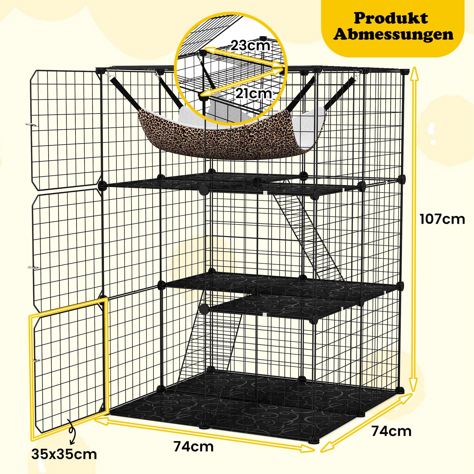 GYMAX 3 Ebenen Katzenkäfig faltbar, Katzengehege mit Oberlicht & Hängematte, Gitterkäfig aus Metall mit 3 abschließbaren Türen, Haustierspielplatz für Katzen & kleine Tiere (3 Etagen)