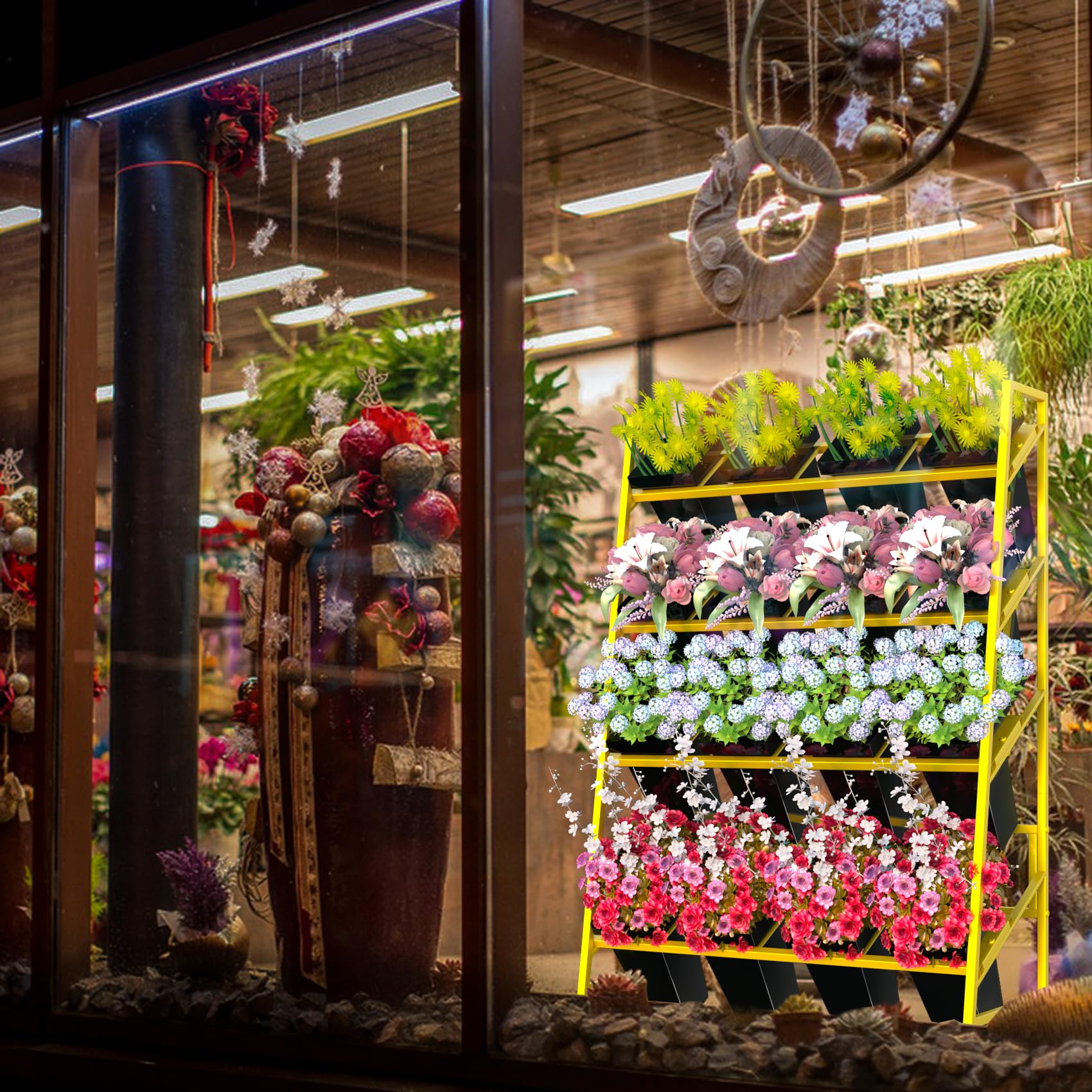 Blumenständer, 4-stöckig, Metall-Pflanzenständer mit 16 Kunststoff-Blumeneimern, beweglicher, robuster Blumenwagen, Blumenregal für drinnen und draußen, Terrasse (black)