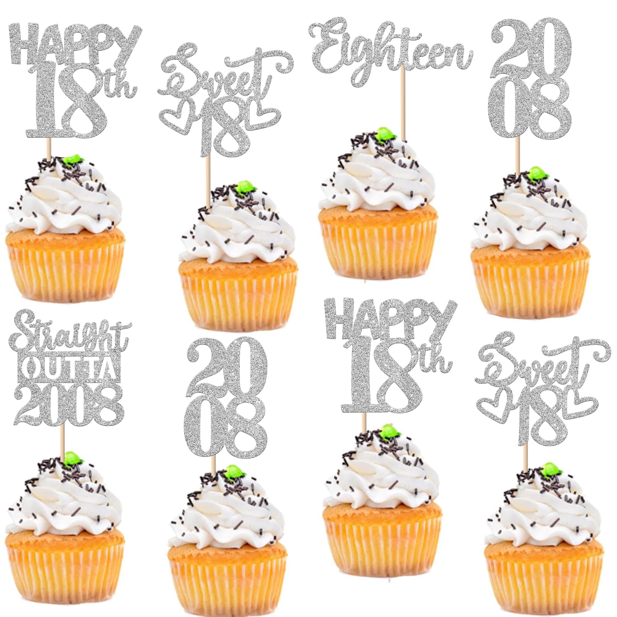 Xsstarmi 30 Pack Happy 18th Birthday Cupcake Toppers Silver Glitter Sweet 18 Straight Outta 2008 Cupcake Picks for Cheers to 18 Years 18th Birthday Anniversary Party Cake Decorations