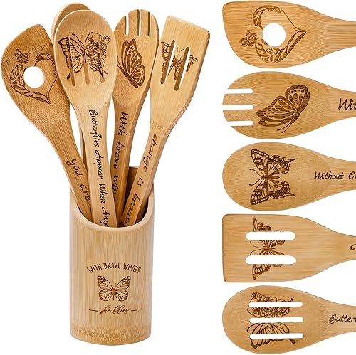 Cucharas de madera para cocinar, divertidas citas inspiradas, juego de utensilios de cocina grabados con láser, suministros de cocina, cuchara de