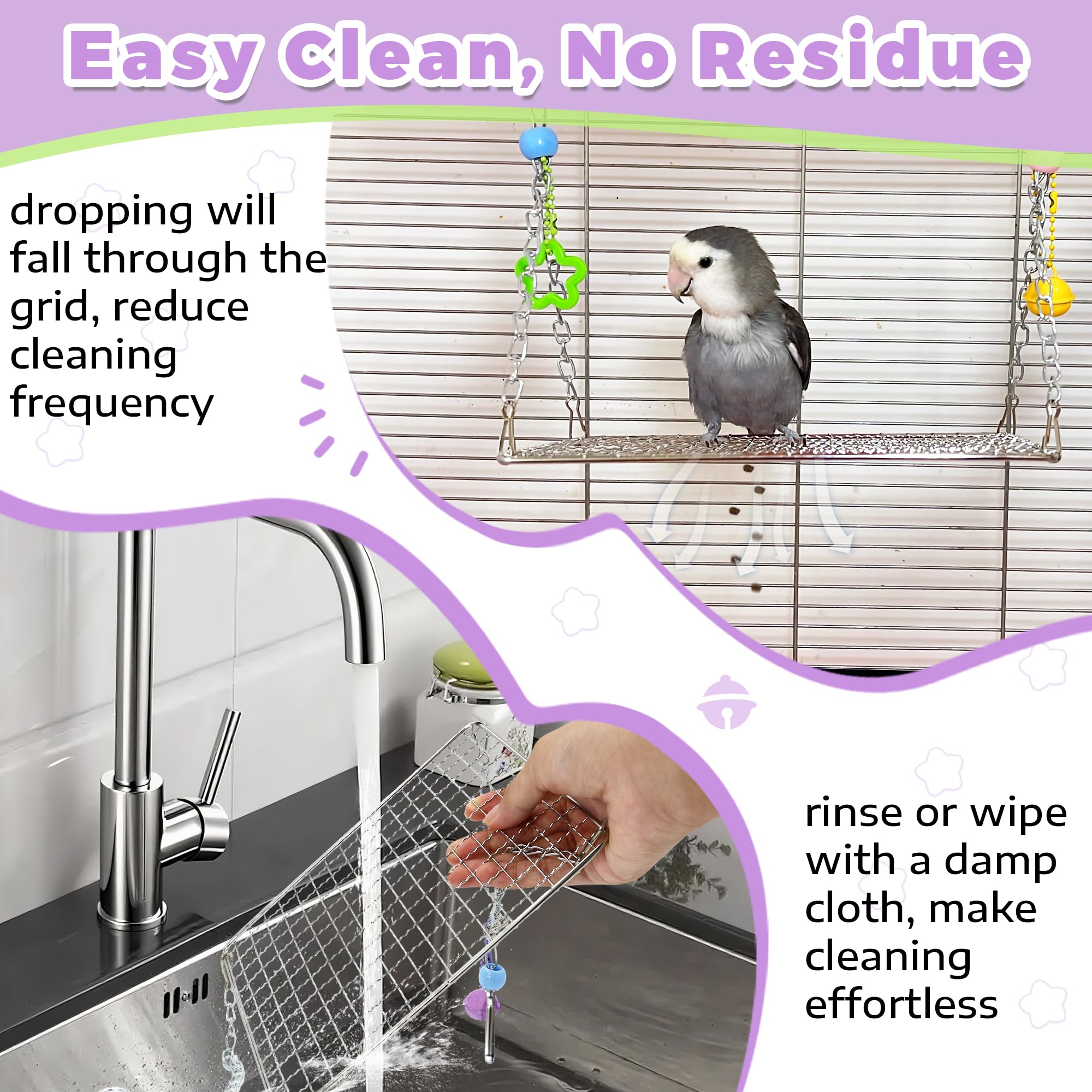 Bite-Proof Stainless Steel Bird Swing Perch with Bell, Easy Clean & Claw-Friendly Grip Hanging Quaker Parrot Swing for Inside Cage, Parakeet Toys Swing Platform for Cockatiel, Conure, Budgie - image 2