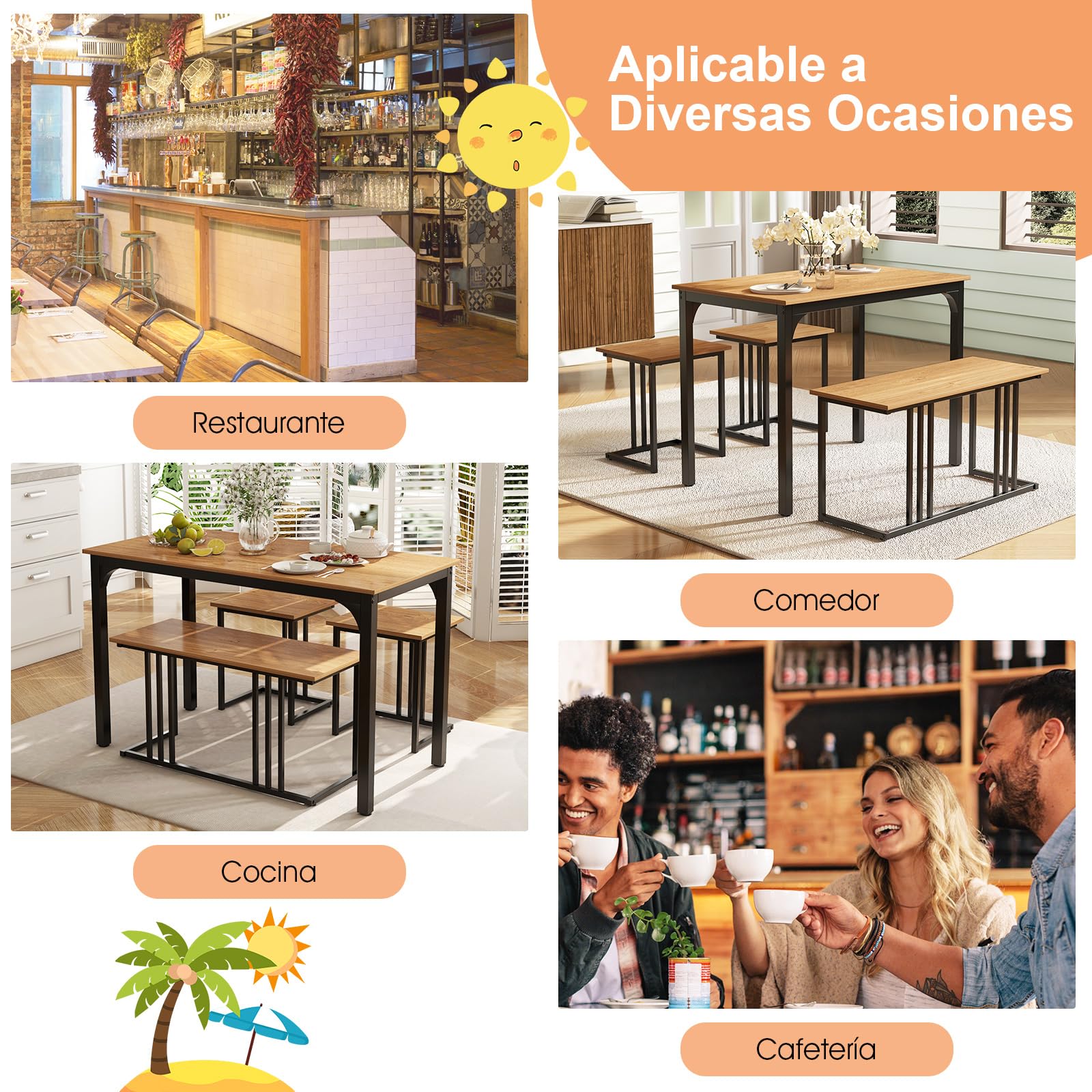 COSTWAY Juego de Mesa de Comedor de 4 Piezas, Mesa de Comedor Industrial con Banco y 2 Taburetes para 4 Personas, Mueble de Comedor, Estructura metálica, Restaurante, Bar (Natural)