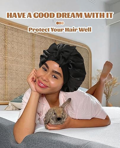 Miniatura 6 de Gorro de satén de seda para dormir, gorro de seda de doble capa con banda elástica para cabello rizado, Negro + rojo