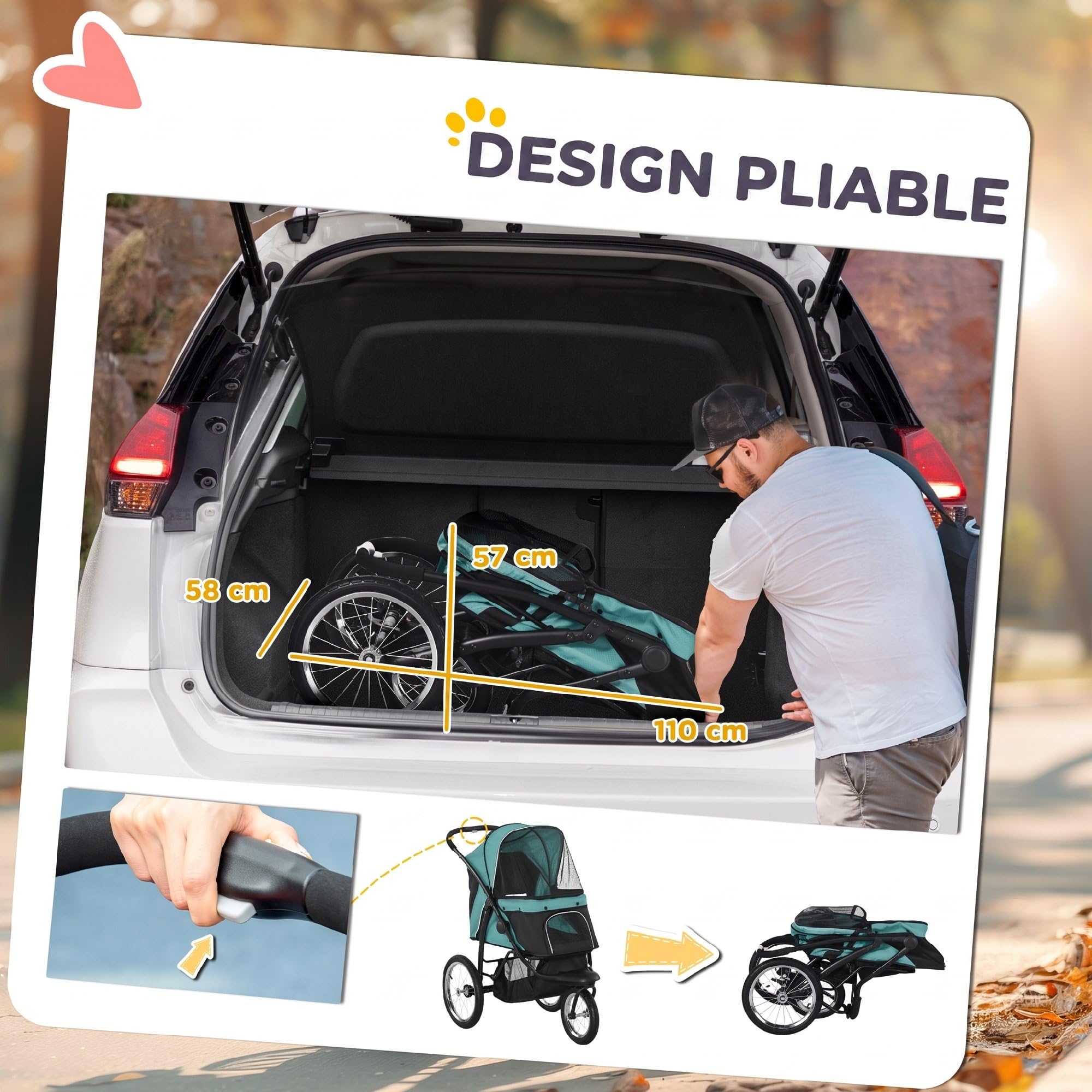 PawHut Poussette pour Chien Pliable Tout Terrain - Chariot pour Chien | 3 Grandes Roues en Caoutchouc,Poussette Chat,Roue Avant Verrouillable pour Jogging,Auvent Réglable,Bandes Réfléchissantes