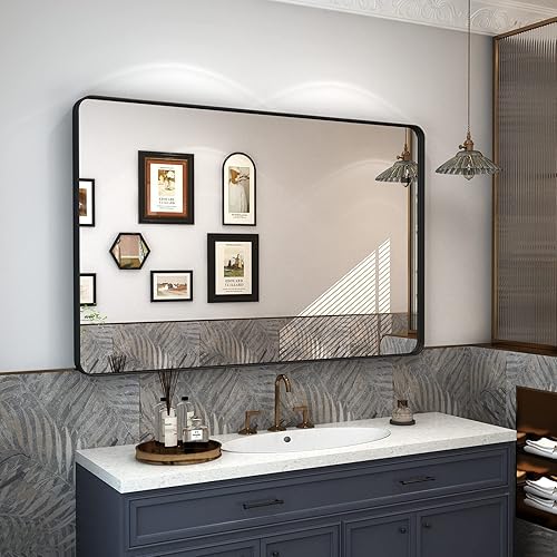 CHARMOR Espejo enmarcado negro de 48 x 32 pulgadas para pared, espejo rectangular de baño negro mate, esquina redondeada, inastillable