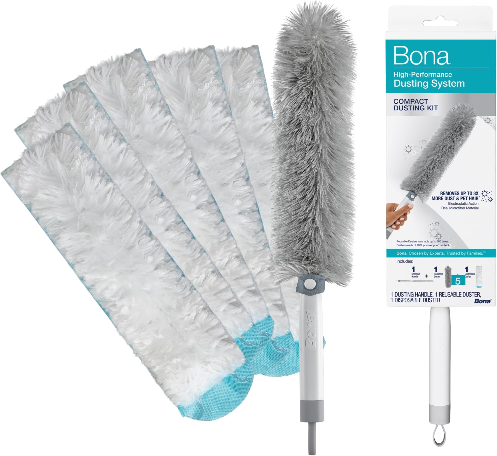 Bona High Performance Dusting System - 1 Compact Handle, 5 Disposable Dusters, & 1 Reusable Duster - Compact Dusting Kit Removes Dust & Pet Hair