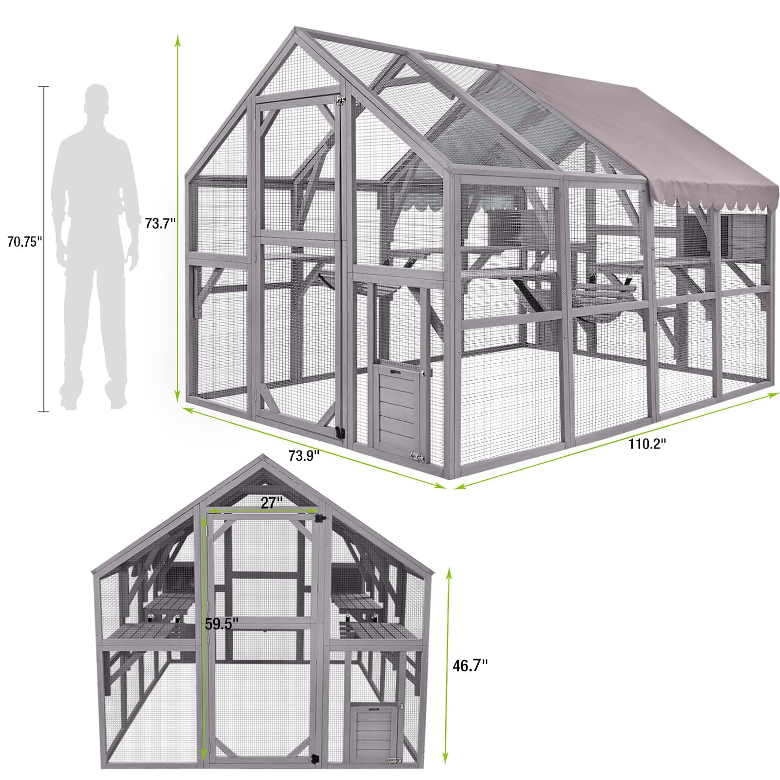 Catio - Casetta per gatti in legno, grande, per esterni, con tettuccio, 280 x 187,7 x 187,2 cm