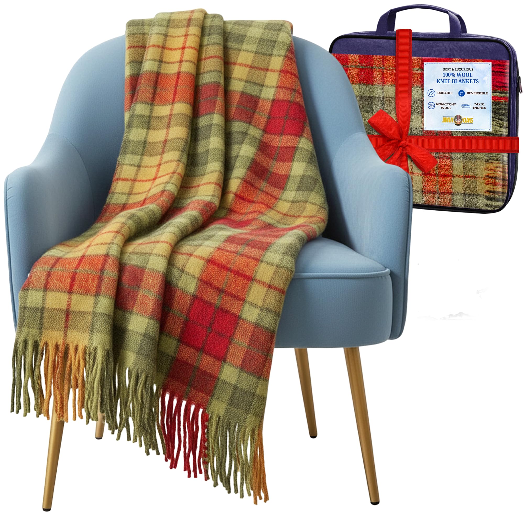Braw Clans Tartans Men's Buchanan Autumn Tartan 100% Pure Wool Knee Blankets For Elderly, Adults - 74X31" - Scottish Tartans - Fringed Edges, Check Cosy Sofa Throws - Reading, Wheel Chair, Travel - Winter Blanket (Buchanan Autumn Tartan)
