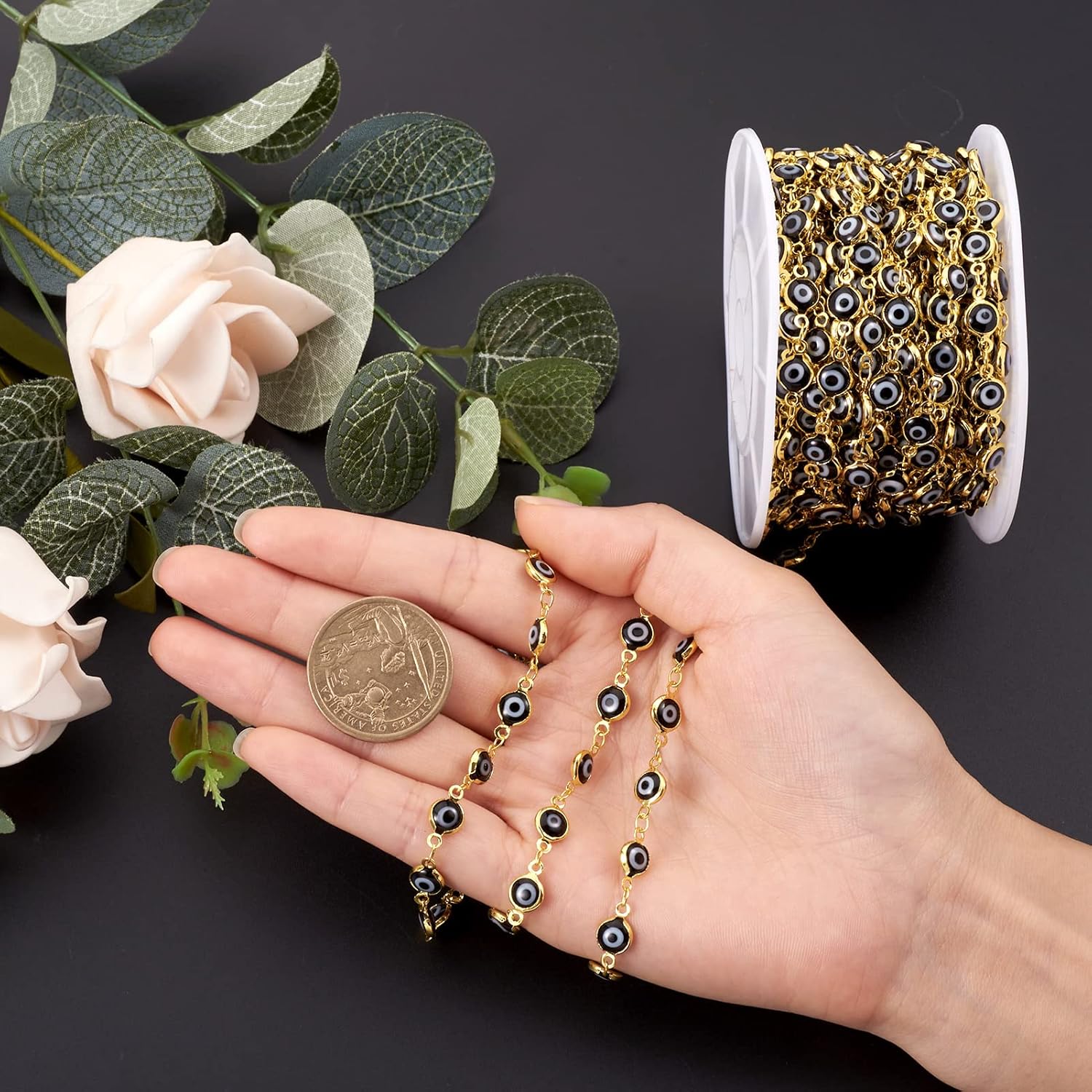 FASHEWELRY 32.8 Feet Evil Eye Link Chains Handmade Evil Eye Bead Chain with Spool 13x7x2.5mm for Choker Necklace Bracelet Eyeglass Chain Jewelry Making (Black)