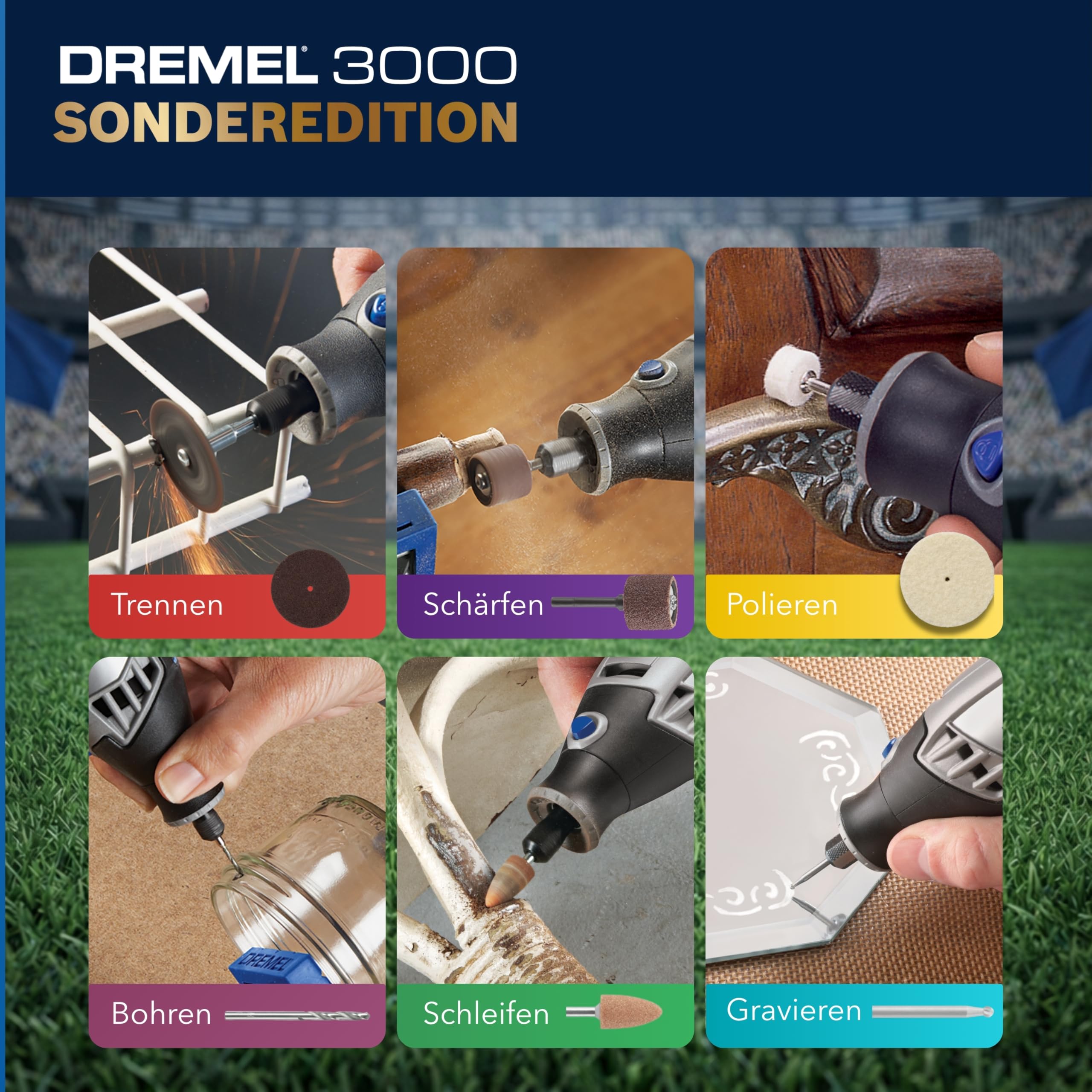 Dremel 3000 Champion Multifunktionswerkzeug mit 130‑W‑Motor bis zu 33.000 U/min inkl 25 Zubehöre, gravierbare Trophäe, Transporttasche, Biegsame Welle zum Trennen, Schnitzen, Schleifen – Sonderedition