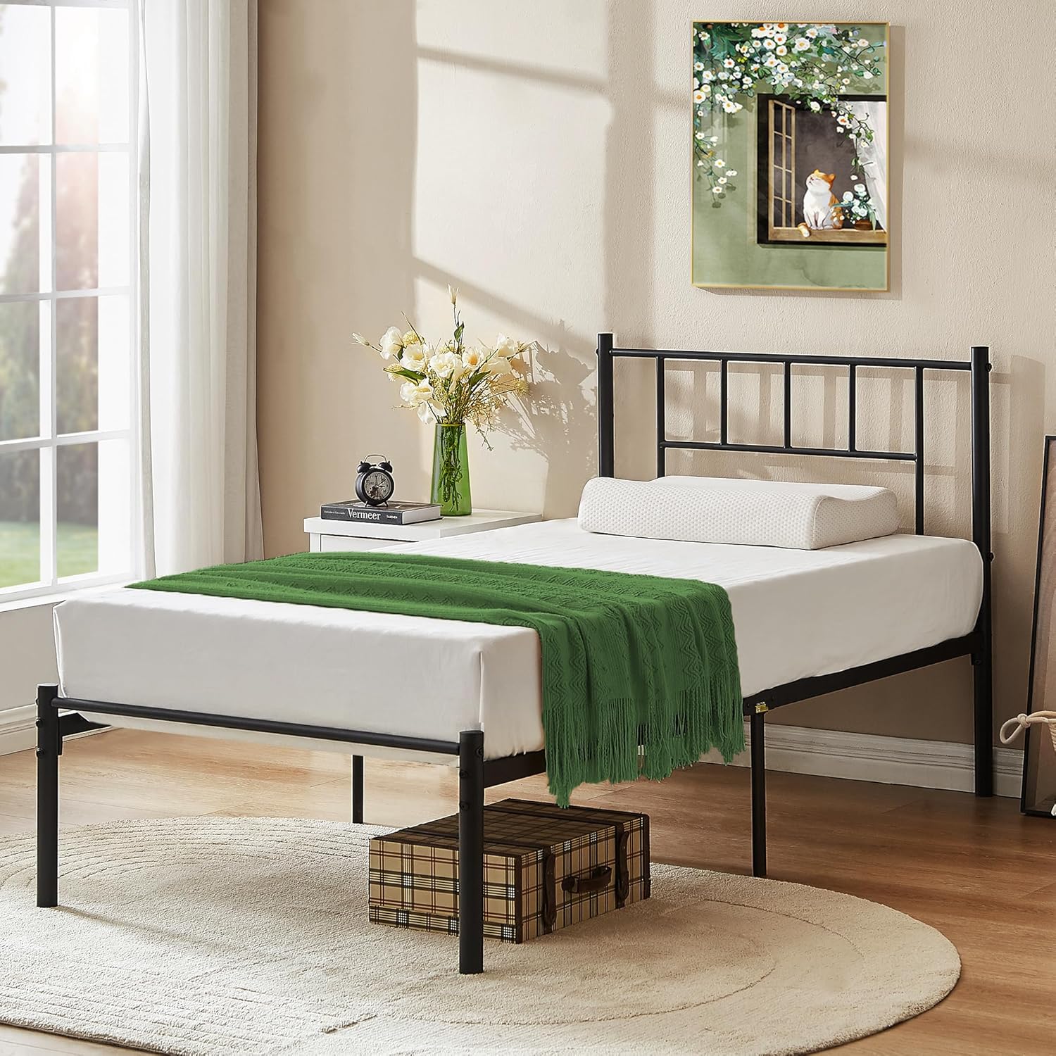 VECELO Twin Metal Platform Bed Frame with Headboard, Heavy Duty Steel Slat Support, Under Bed Storage,No Box Spring Needed, Easy Assembly
