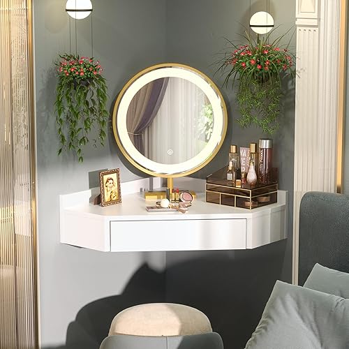 Miniatura 5 de armocity Escritorio esquinero flotante con tomas de corriente y puertos USB, mesa esquinera montada en la pared para espacios pequeños, escritorio