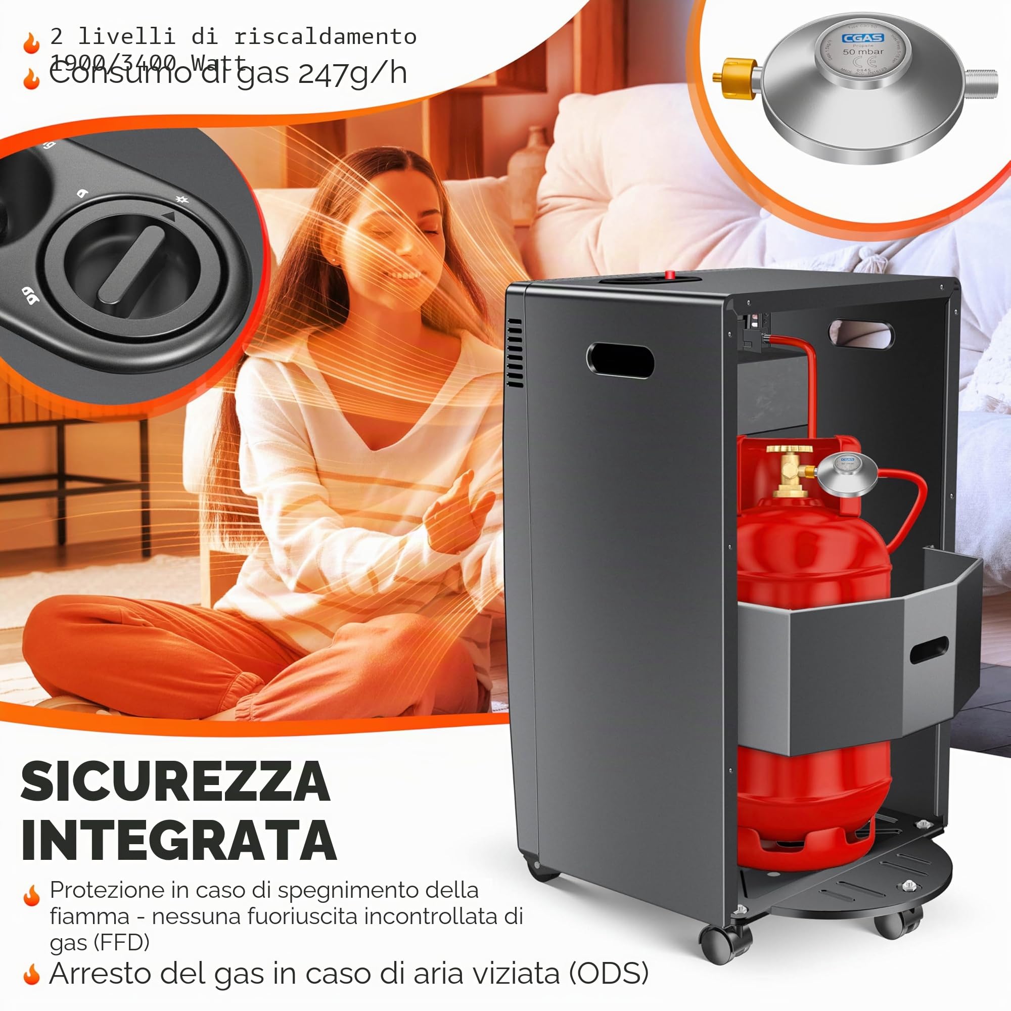 Kesser Stufa a 3,4 kW, con regolatore di pressione, tubo gas, 2 livelli di riscaldamento a infrarossi, 3400 W, riscaldamento fino a 11 kg bombole