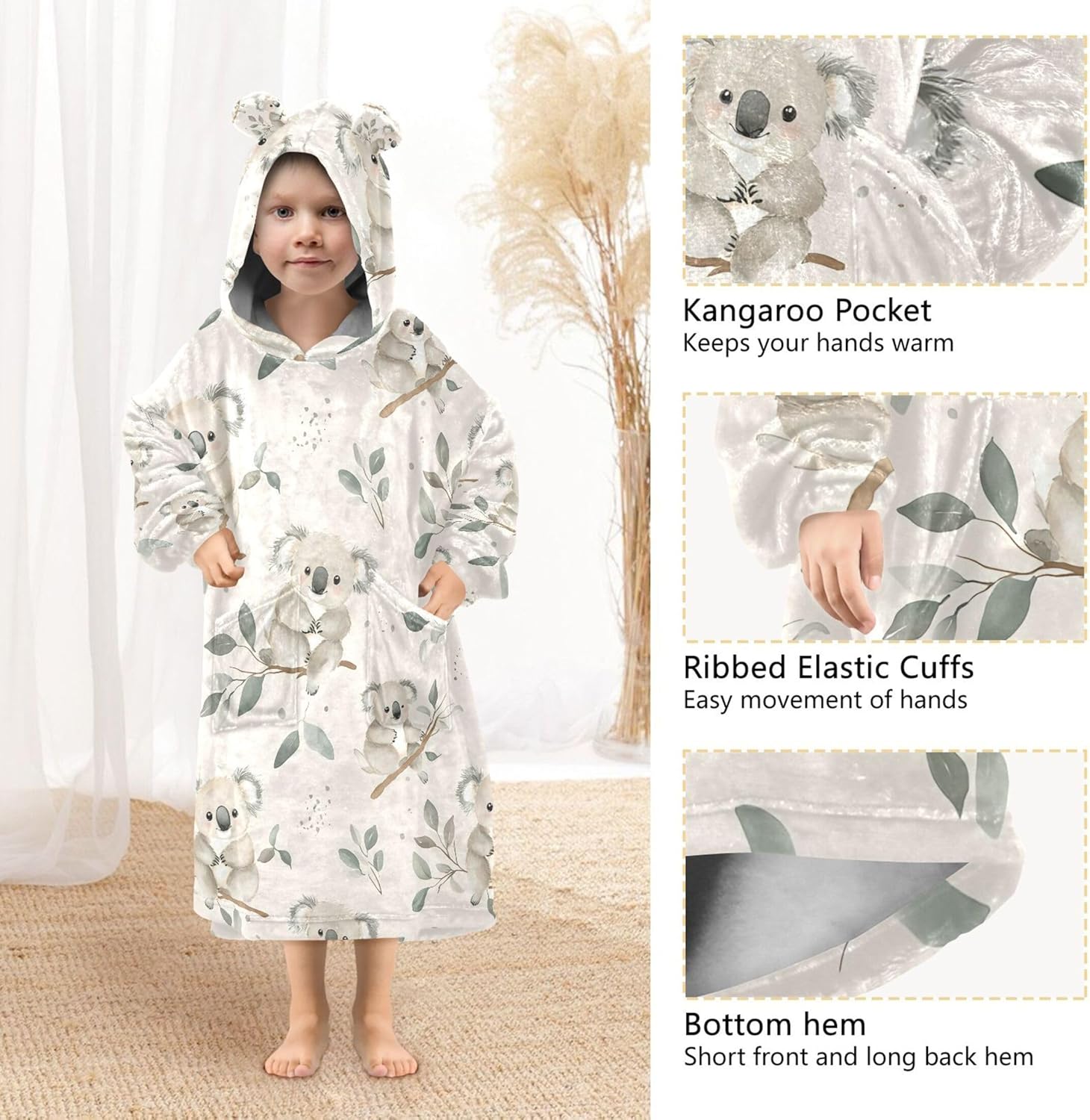 Cute Koala Kids Wearable Blanket Hoodie with Pocket and Sleeves for Toddlers, Cute Hoodies Girls Boys B0404140