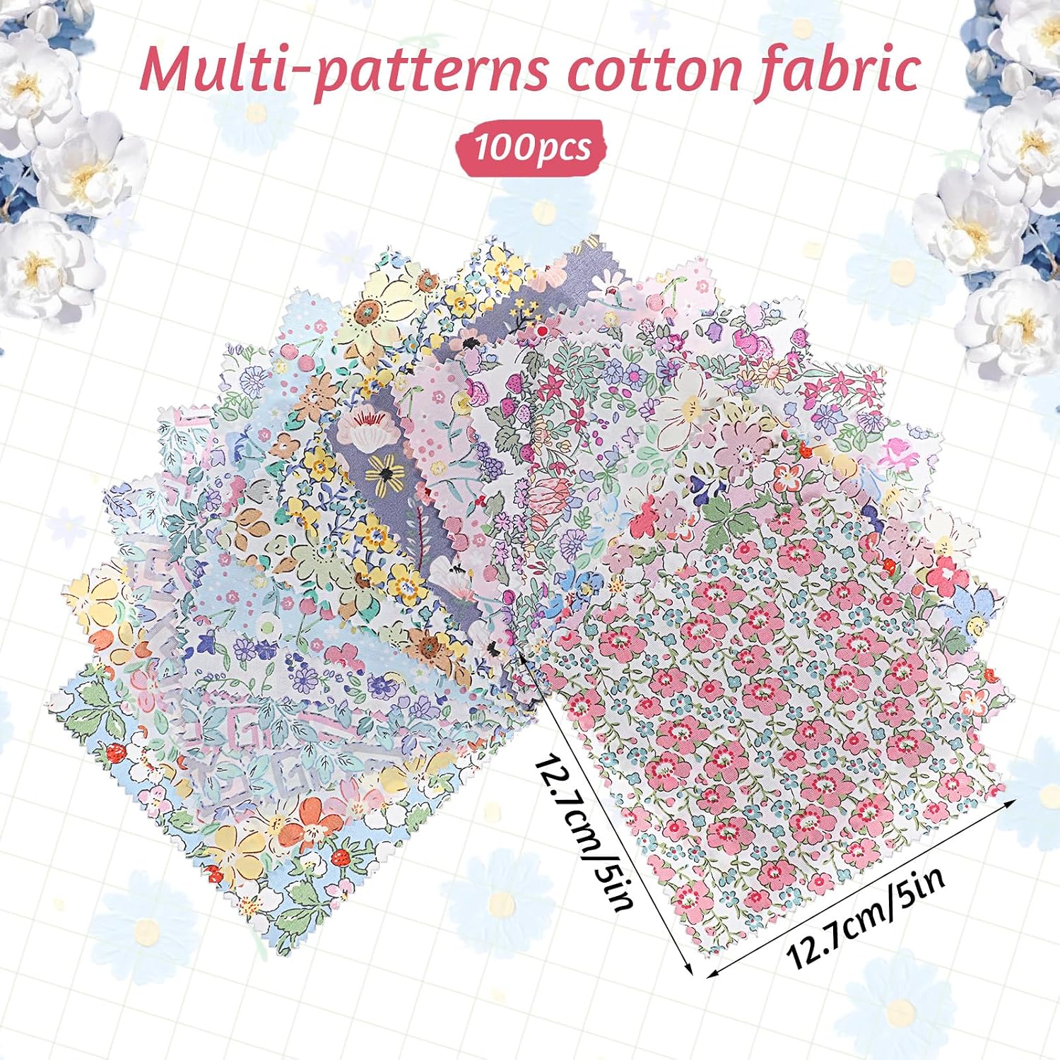 100 Pcs Cotton Fabric Squares, Charm Packs for Quilting | Pre-Cut 5x5 Inch Multicolor Floral Pattern Fabric Quilting Squares, Retro-style Print Patterns, for Sewing DIY & Quilt