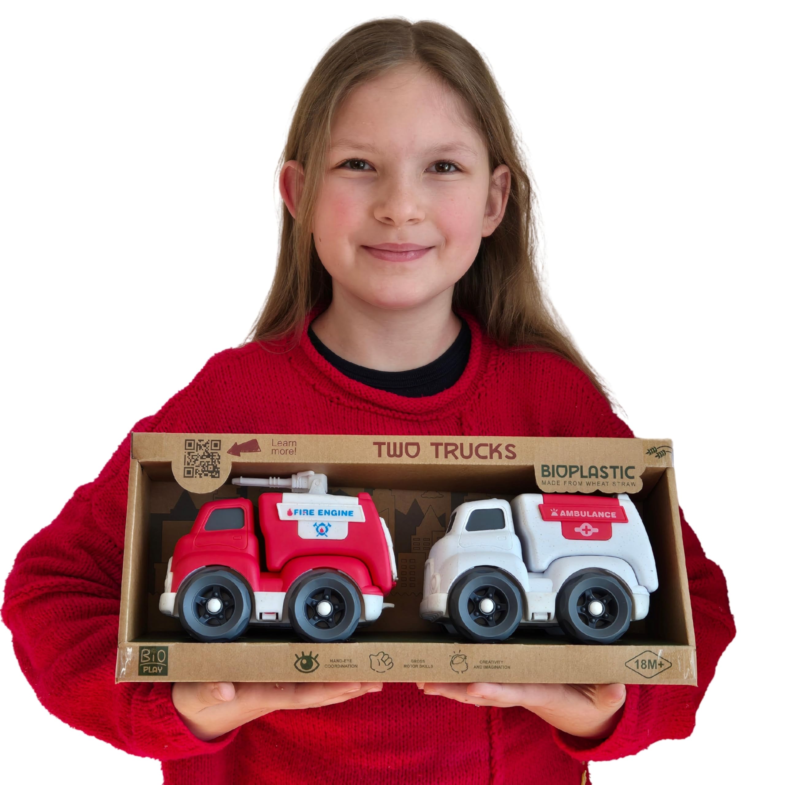 BIOPLAY® 2-er XL Truck Set | Bio Kunststoff | Nachhaltiges Spielzeug ab 1 Jahr für Jungen und Mädchen | Indoor und Outdoor | Feuerwehr | Krankenwagen