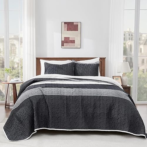 Miniatura 8 de Andency Juego de edredón de tamaño King de gran tamaño a rayas blancas y negras, 3 piezas (1 edredón y 2 fundas de almohada), juego de colcha de