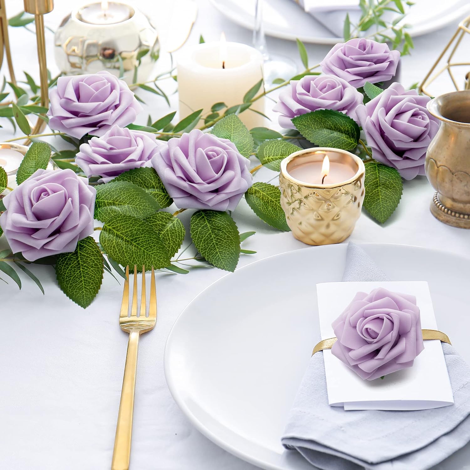 Mocoosy 50Pcs Rose Artificial Flowers, lavender Fake Roses for Decorations, Purple Foam Fake Flowers with Stem for DIY Wedding Bouquet Bridal Shower Valentine's Day Floral Arrangement Party Home Decor - Image 4