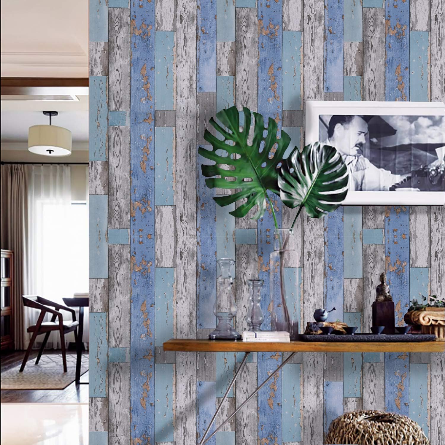 Dundee Deco AZ-W0447 Distressed Wood Blue, Teal, Grey Planks Peel and Stick Self Adhesive Removable Wallpaper - Image 3
