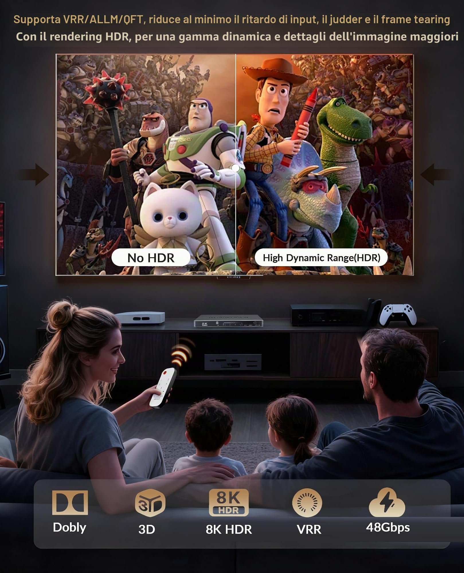 Splitter HDMI 8K 4K 240Hz HDMI Switch 4 in 1 Out - 4 porte Switcher con telecomando 8K @60Hz 4K @240Hz HDR10+ HDMI2.1 3D CEC HDR HDCP2.3, utilizzato per PS5/4/3 Xbox DVD Player Nintendo PC Fire Stick