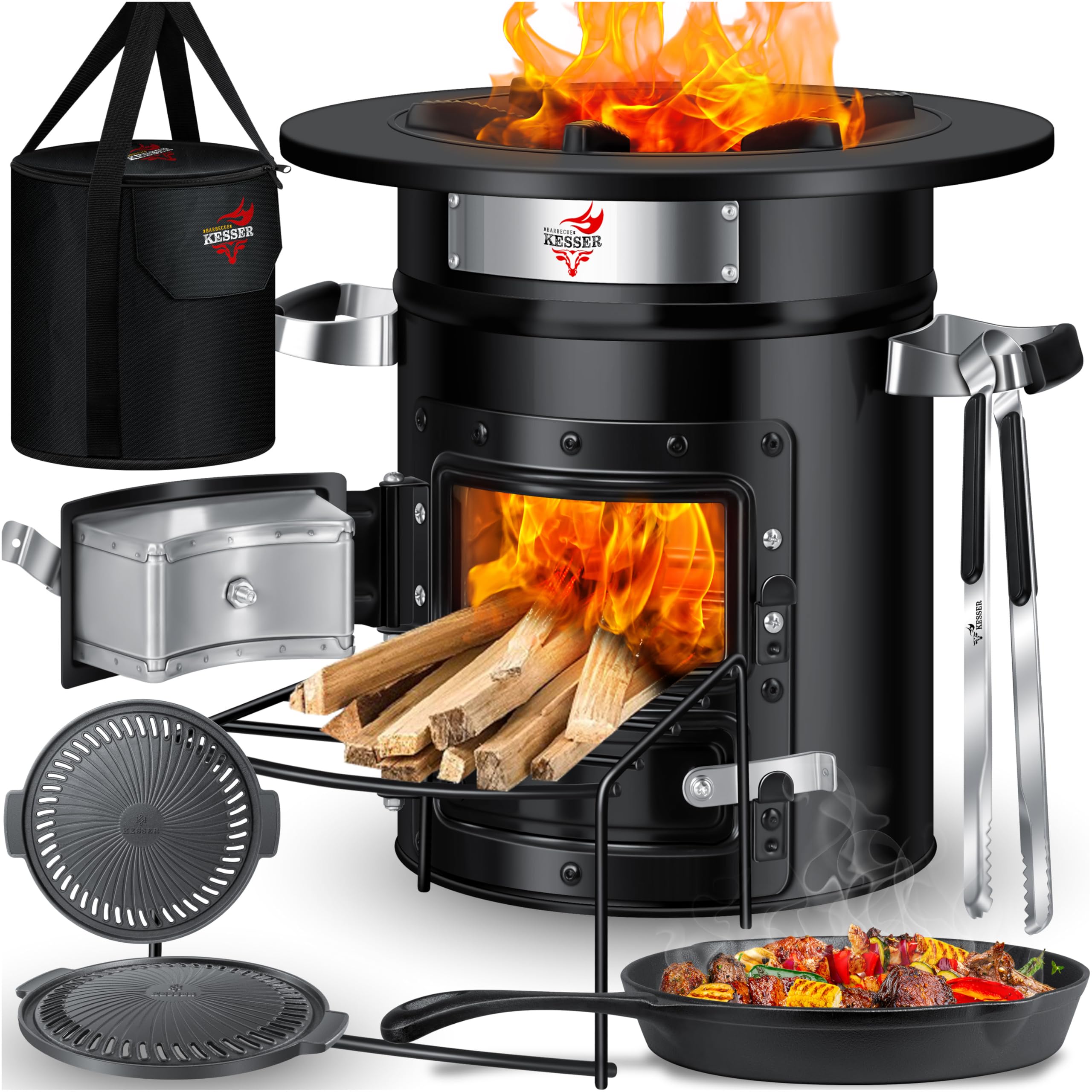 KESSER® Horno de Cohetes Con Sartén de Hierro Fundido, Parrilla, Pinzas y Bolsa de Transporte, Horno Holandés Para Barbacoa, Cohete de Leña, Camping, de Acero Inoxidable