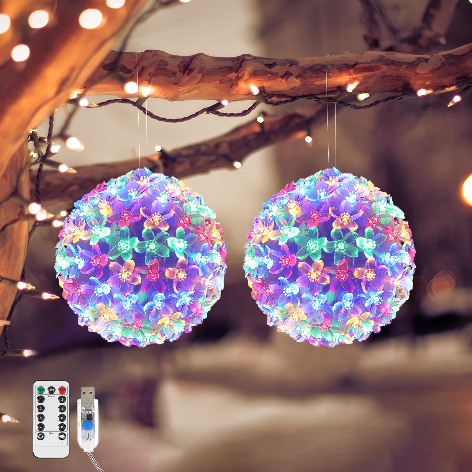 Adorno Navidad Luz de Bola, 2PCS Luces Navidad a Pilas de Flor de Cerezo Artificial, Decoración Colgante Navidad Exterior con 100 Bombillas & Temporizador en Patio Jardín Hogar, Blanco Cálido