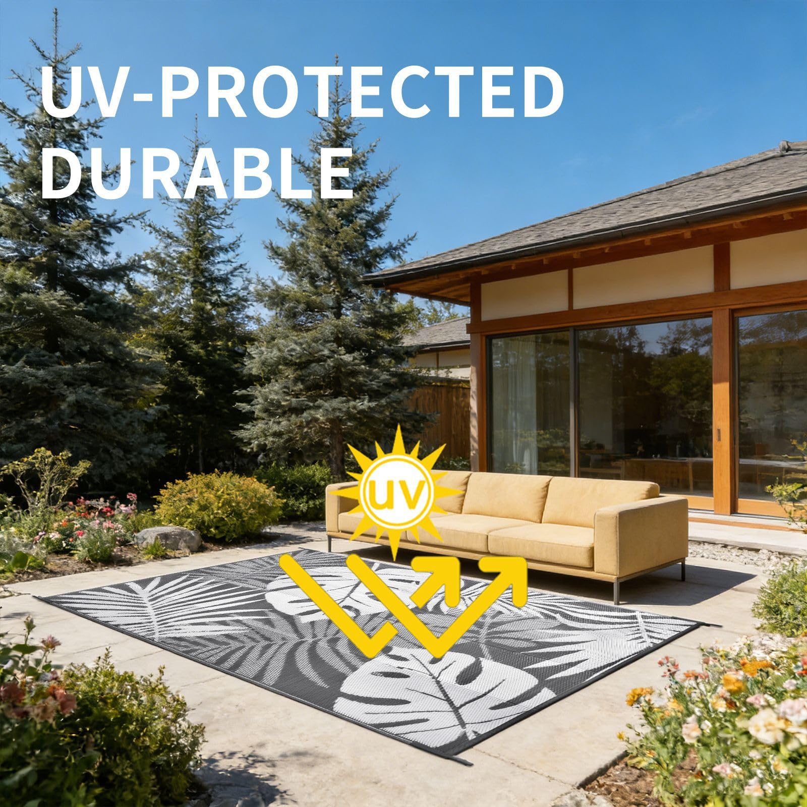 Hiseng Tapis d'extérieur Imperméable Terrasse Balcon, Monstera Grise Tapis de Sol Réversible en Plastique Résistant aux Intempéries aux UV pour Jardin, Camping, Pique-Nique (Grise,183x274cm)