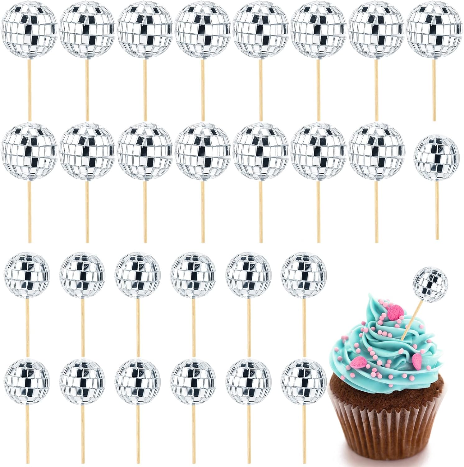 30pcs Disco Ball Cupcake Toppers, Disco Ball with Bamboo
