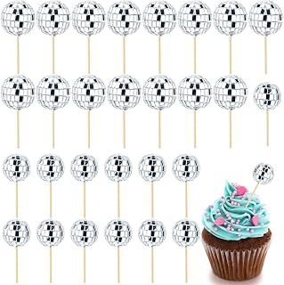 30pcs Disco Ball Cupcake Toppers, Disco Ball with Bamboo Sticks Disco Theme Cake Toppers for Cake Decorations Cupcake Decor Dessert Accessories Disco Party (Silver)