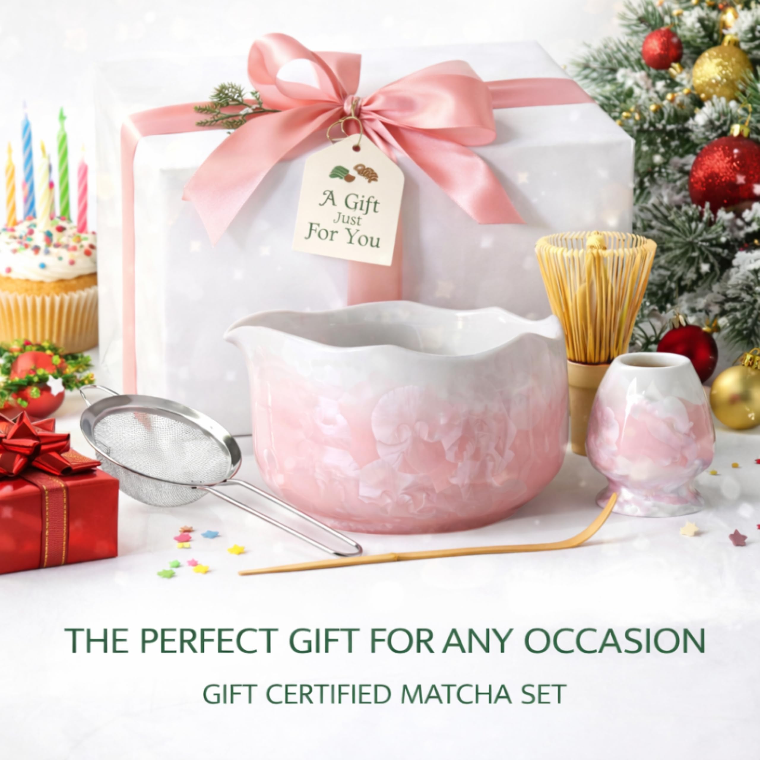 Matcha Set Rosa 5-teilig – Matcha Besen Set, Schale mit Ausgießer, Besenhalter, Bambusbesen, Sieb & Löffel – Crystal Glazed Flower Design – Geschenk für Matcha-Liebhaber (Pink)
