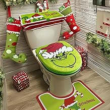 Christmas Decorations - 4 Pack Bathroom Decor - Xmas Décor Toilet Lid Cover, Tank Cover, U-Shaped Rug & Seat Cover Pad for Home Indoor Bathroom
