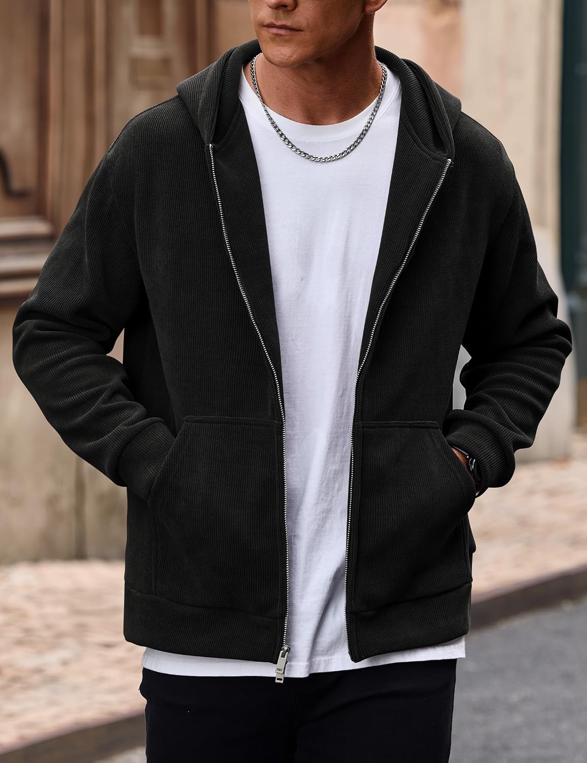 Herberton Mens Cropped Zip up Hoodie Jacket Corduroy Heavyweight Double Zipper Sweatshirts (S-XXL)