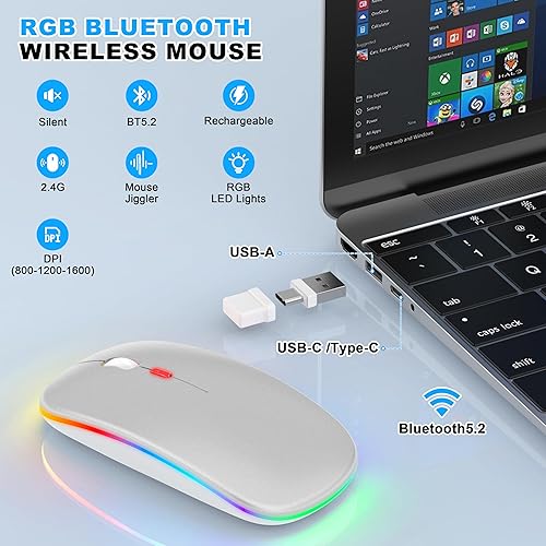 Miniatura 2 de Azmall Ratón inalámbrico Bluetooth, mouse silencioso recargable LED delgado con receptor USB-AUSB-C de 2.4 GHz y adaptador tipo C, compatible con