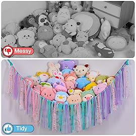 FIOBEE Stuffed Animals Net or Hammock with LED Light, Toy Hammock Hanging Stuffed Animals Storage Organizer Holder Room Dcor for Nursery Kids Bedroom
