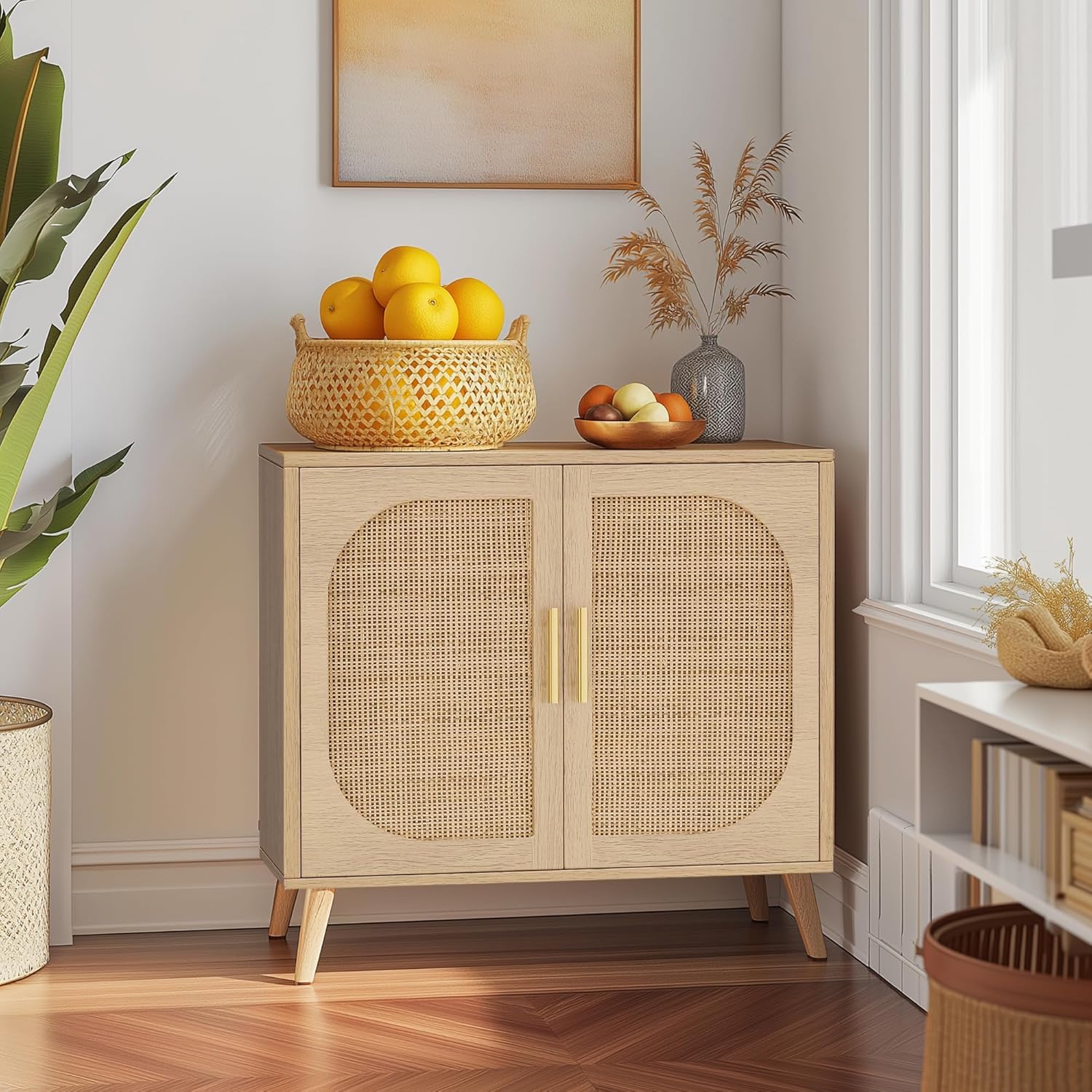 Rattan Buffet Cabinet with 2 Doors & 4 Compartments, Boho Sideboard with Adjustable Shelves & Solid Wood Legs, Accent Storage Cabinet for Living Room, Kitchen, Entryway, Hallway, Natural, 2 PC