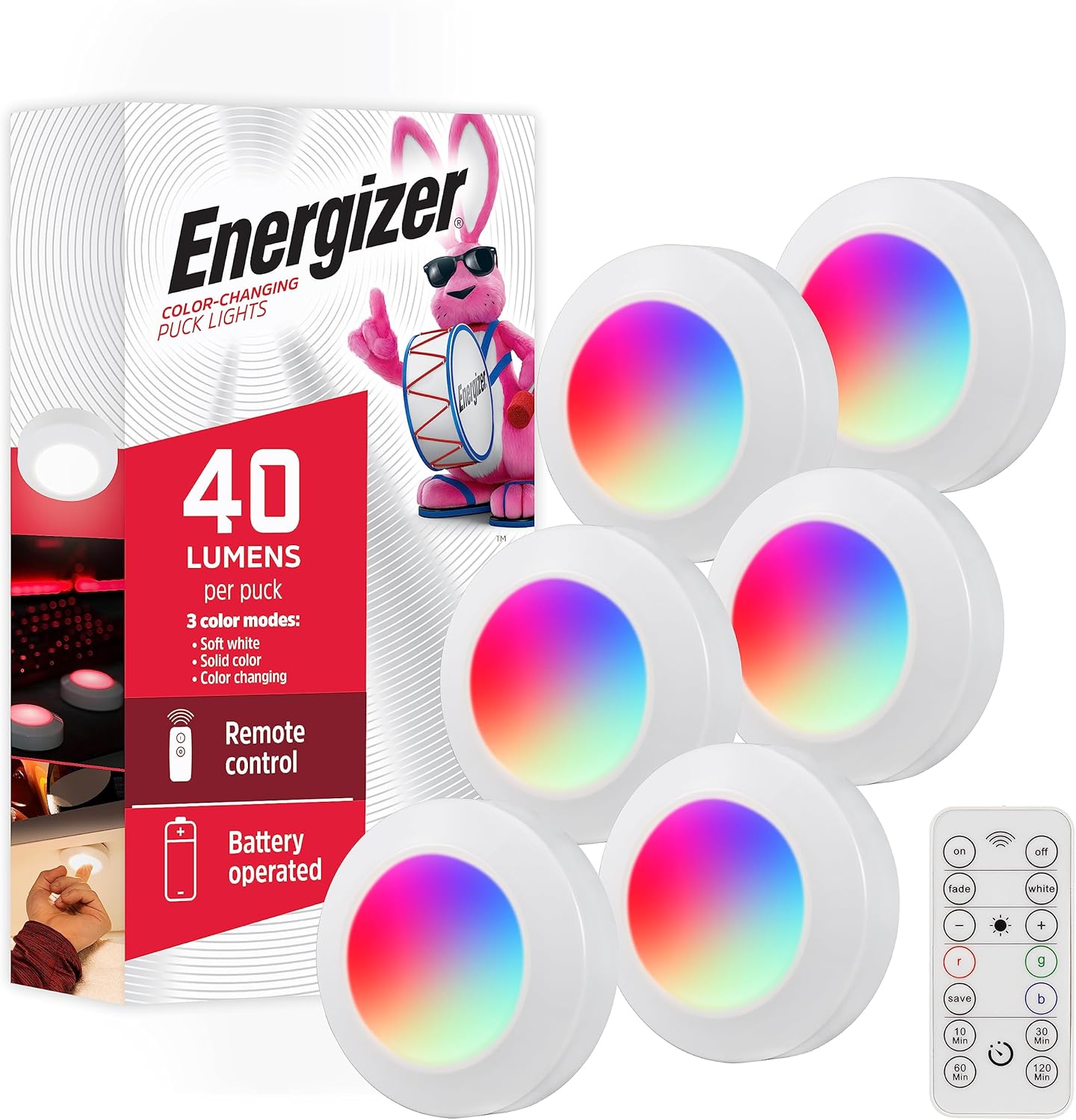 Energizer LED Puck Lights, 6 Pack, Color Changing, Battery Powered, Under Cabinet Lighting, Wireless Lights, 40 Lumens, Remote Controlled, Perfect for Under Cabinet, Bedroom, Closets and More,59332-T1