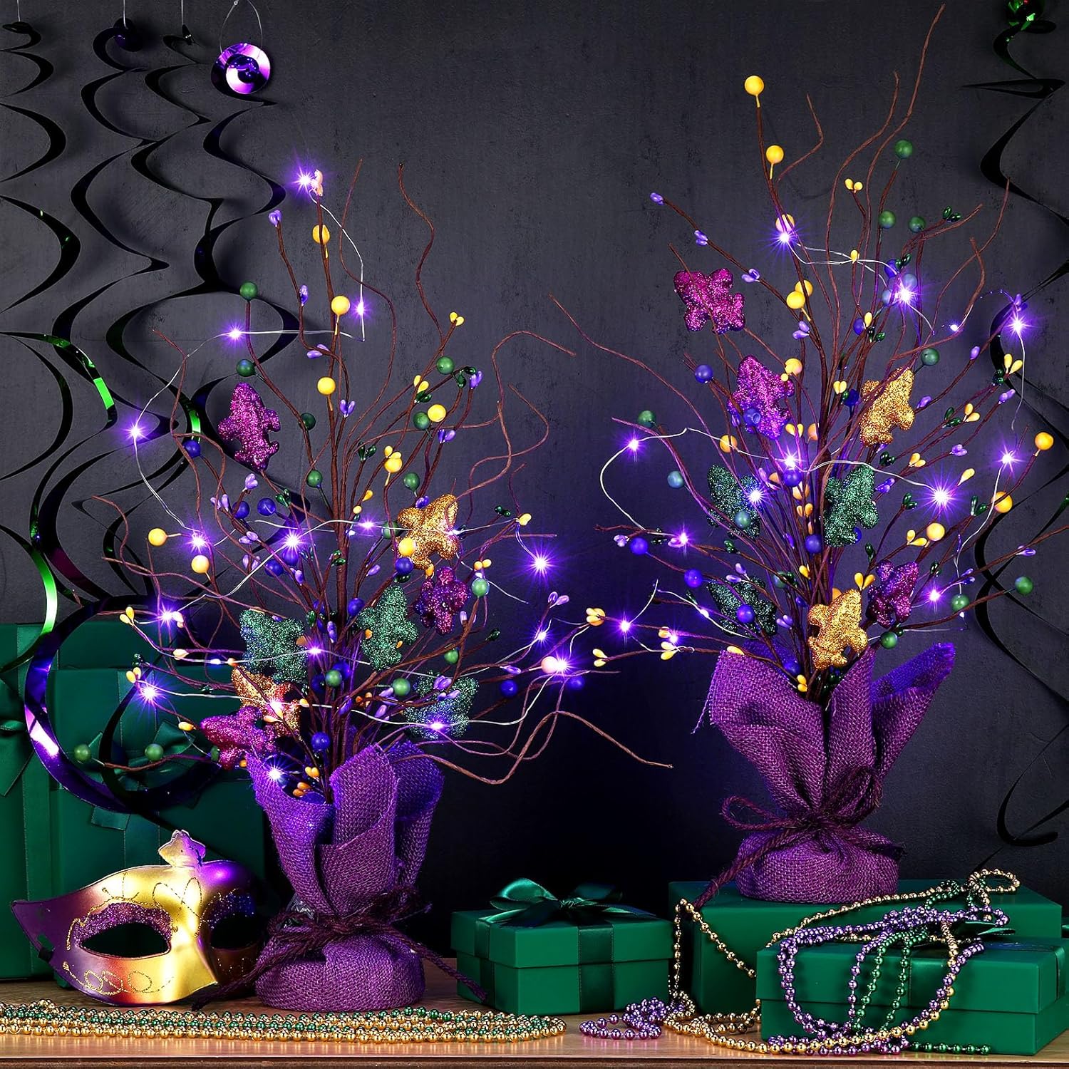 2 Pieces Lighted Mardi Gras Artificial Berry Blossom Table Tree 21 H Shinny Table Centerpiece Tree for Mardi Gras Day Holiday Decoration Home Decor Artificial Plants